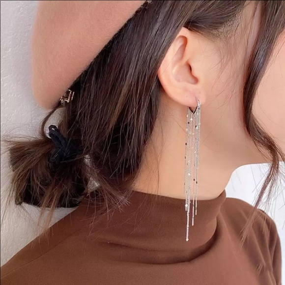 Silver geometric dangle tassel drop earrings - Picture 7 of 7